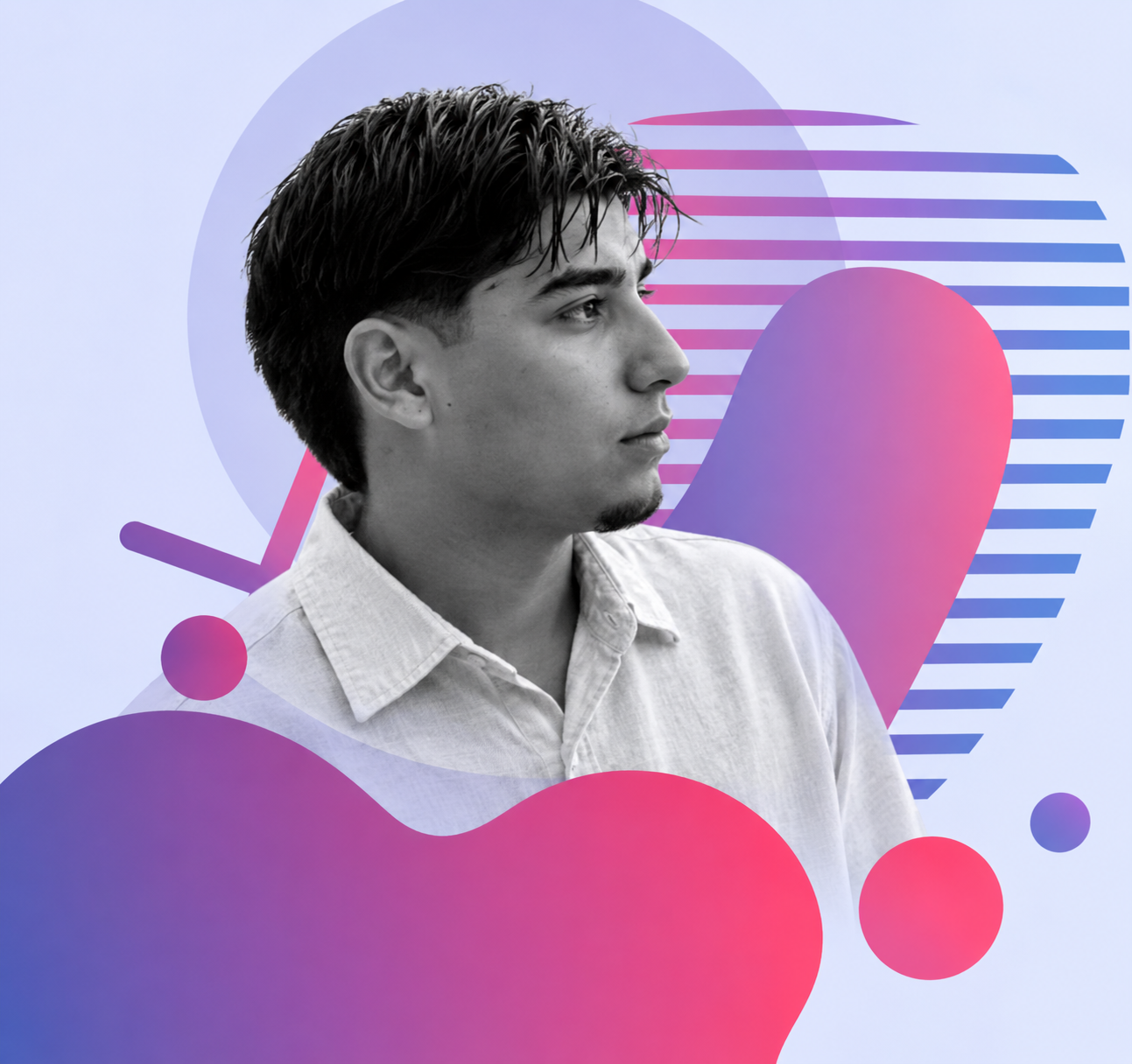 Retrato monocromo de Manuel Tihomirov, CEO de Velzia Agency, con formas abstractas en rosa y violeta